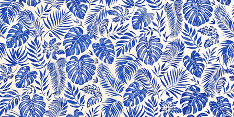 Vibrant blue tropical leaves pattern on a cream background seamless jungle foliage design