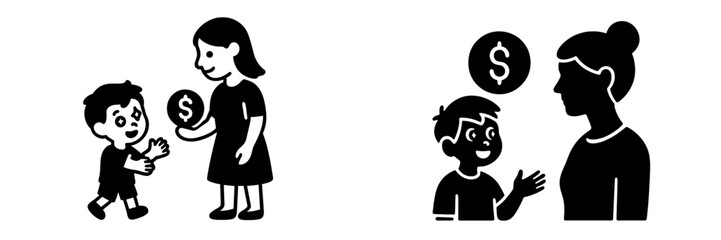 Black glyph icon set of a parent giving a child pocket money, representing concepts of allowance, financial education, family savings, and childhood economy