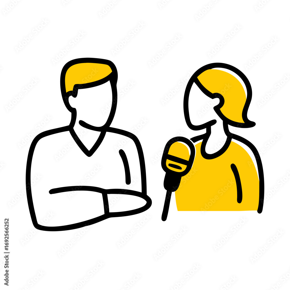 Poster interview guest speaking at mic hand drawing icon for web and graphic design