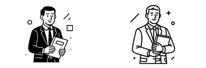 Professional businessman in a suit holding a folder icon set with minimalist solid and line art styles for corporate branding