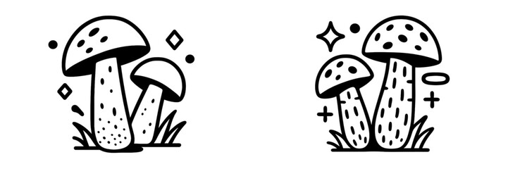 Set of two magical mushroom icons in a simple black and white doodle style for fantasy or nature themed designs