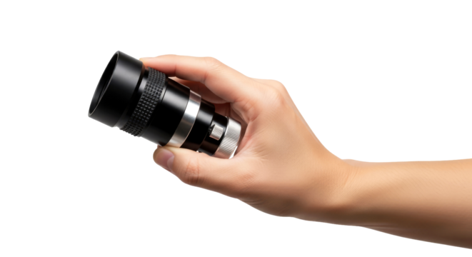 a hand gently presents vintage camera lens focusing on memories, capturing timeless moments, isolated on transparent background