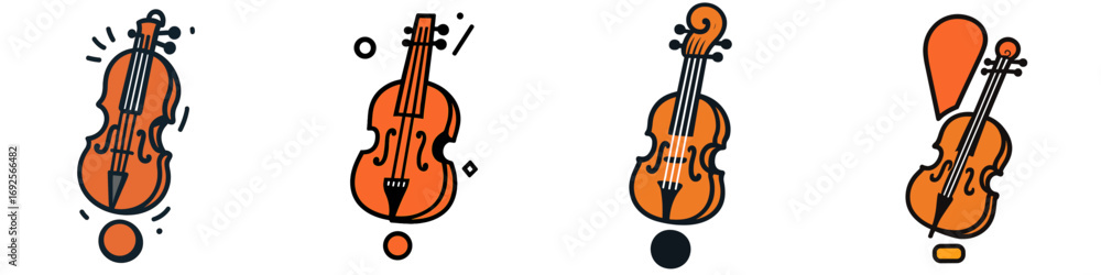 Poster set of four stylized violin icons with modern line art design for music and classical instrument con
