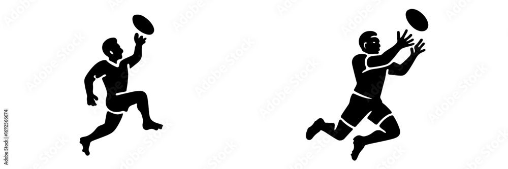 Poster rugby player silhouette icon set showing an athlete running and catching the ball in a dynamic actio