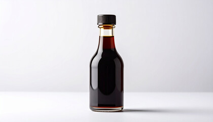 A small glass bottle filled with dark liquid, likely soy sauce, against a white background.