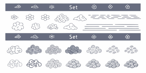 Collection of hand drawn decorative clouds and flowers in a simple artistic style
