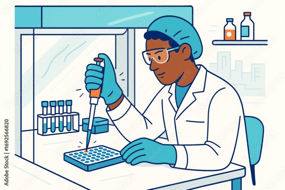Poster scientist using pipette in laboratory performing experiment with test tubes under fume hood on light
