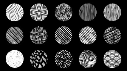 Collection of fifteen unique circular abstract patterns and textures in black and white
