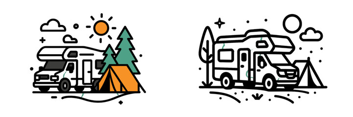 Day and night scenes of a camper van and tent at a campsite in the wilderness for an outdoor travel adventure © Andrei