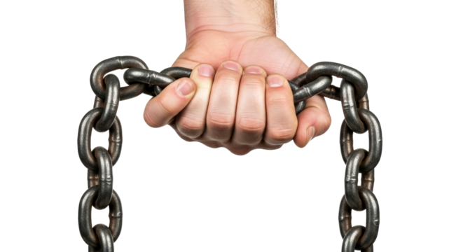 a hand grasps a heavy chain symbolizing strength, resilience, and the weight of responsibility, isolated on transparent background