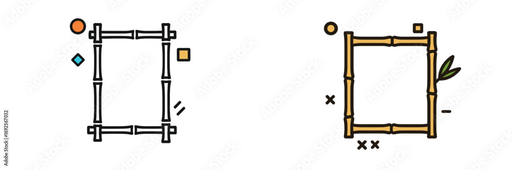 Poster decorative bamboo frame icon set with asian style elements for borders and graphic design isolated o