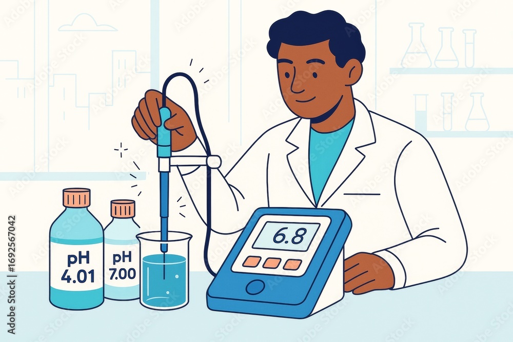 Aufkleber scientist using digital ph meter to test liquid in laboratory with beakers and calibration solutions