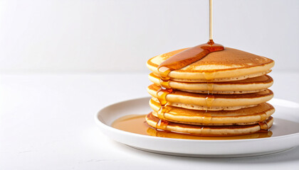 A stack of golden pancakes on a white plate with maple syrup being poured over them.