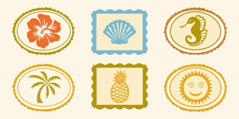 Collection of six tropical and beach themed icons in decorative frames
