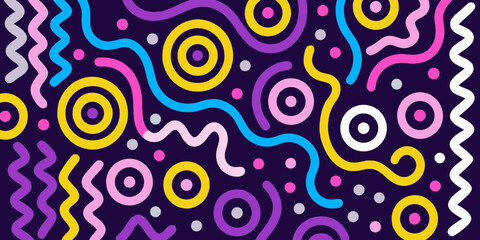 Vibrant memphis style abstract background with colorful wavy lines circles and dots on dark purple