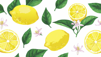 Vibrant seamless pattern of fresh yellow lemons with green leaves and delicate pink blossoms