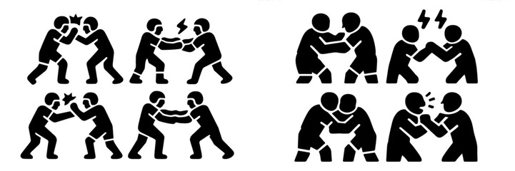 Set of black glyph icons representing conflict, fighting, arguments, and physical aggression between two people