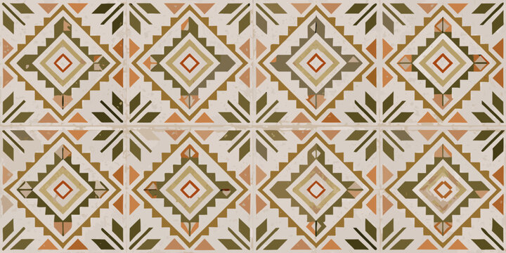 Seamless geometric tribal pattern with diamond shapes and earthy tones on a textured background