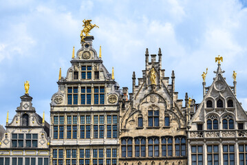 Ornate facades of old historic Guildhalls in the Grote Markt main square of Antwerp, Belgium