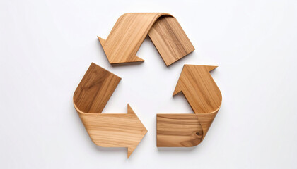 Wooden recycling symbol on a white background, representing sustainability and environmental consciousness.