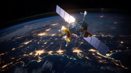 Satellite orbiting earth at night with city lights space