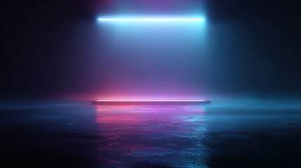 3d technology abstract neon light background, empty space scene, spotlight, dark night, virtual reality, cyber futuristic sci-fi background, street floor studio for mock up. colored geometric