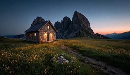 photo of a small white chapel in the middle of an alpine meadow, illuminated from the inside, with mountains and a starry night sky in the background.