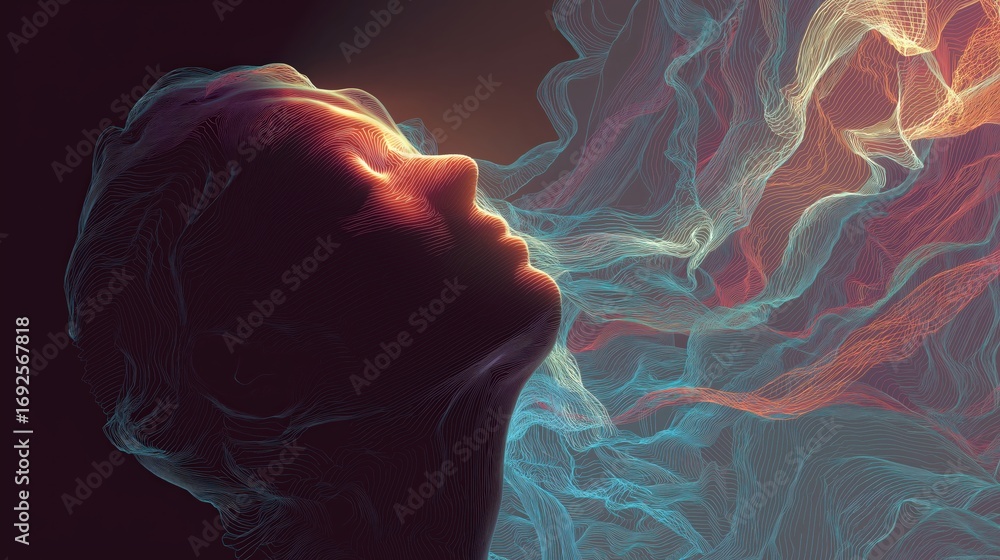 Poster a digital abstract rendering of a head, with flowing lines and vibrant colors, suggesting emotion an