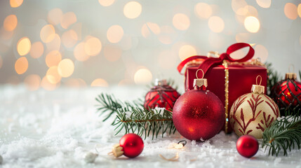 Minimalist Christmas Ornaments with Gift Box – Red and Gold Baubles on White Holiday Background