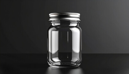 Clear glass jar with a silver lid, empty, standing on a dark surface against a dark background.