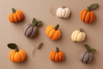 Felted Wool Pumpkins on Cardboard Background for Autumn Decor Inspiration.