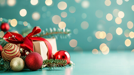Minimalist Christmas Ornaments with Gift Box – Red and Gold Baubles on White Holiday Background