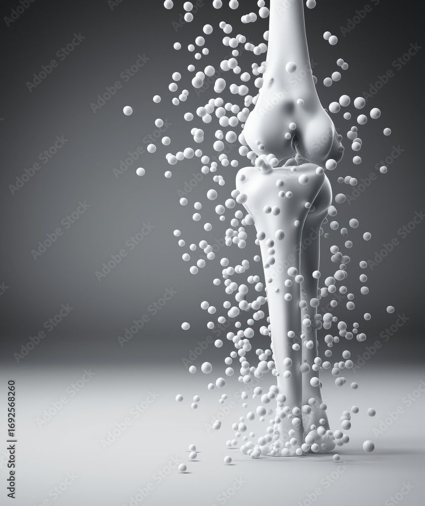 Poster an abstract representation of a knee joint with floating particles, illustrating a blend of anatomy 