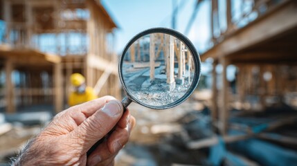 engineer use magnifying glass inspecting construction new house.inspecting construction and quality assurance new house. Engineers or architects or contactor work to build the house.