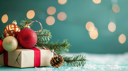 Minimalist Christmas Ornaments with Gift Box – Red and Gold Baubles on White Holiday Background