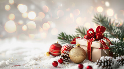 Minimalist Christmas Ornaments with Gift Box – Red and Gold Baubles on White Holiday Background