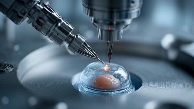 Vitro Fertilization concept ,Embryo microsurgery microscope with robotic instrument sterile lab cell manipulation