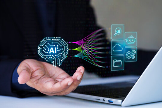 AI integration system connecting data, cloud, automation, API, and analytics through a central AI core, futuristic glowing circuit lines, Holographic UI overlay for business and technology solutions