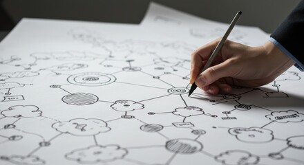 Hand Drawing Abstract Network Diagram with Black Pen on White Paper