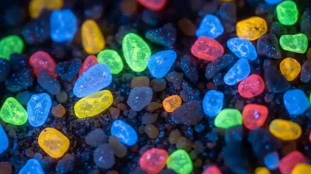 Vibrant colorful stones glistening in the dark, creating a mesmerizing visual display of light