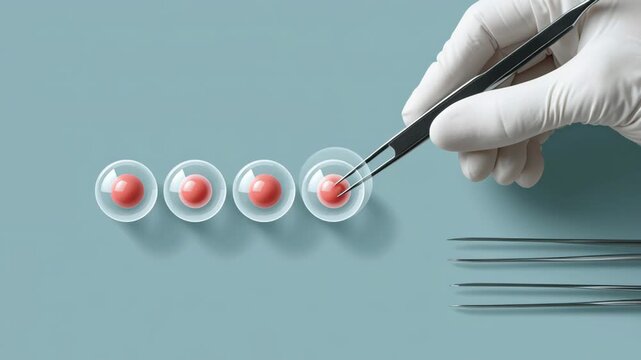 Vitro Fertilization concept ,microinjection procedure laboratory petri dish with gloved hand and tweezers placing cell petri dish