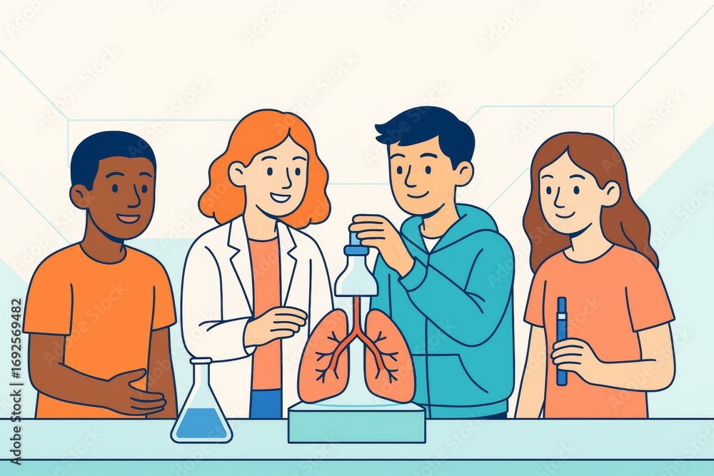 Aufkleber students and teacher conducting lung experiment in science class with creative lab equipment on ligh