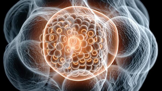 Vitro Fertilization concept ,early embryo cell cluster blastocyst microscopic membrane showing glowing multicellular embryo cell