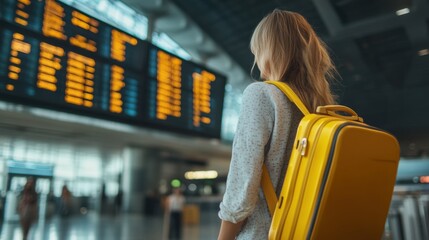 woman at an international airport check flight information board, checking travel time on board at airport, travel, payment, due, booking, online, check in