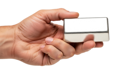 a hand holds a silver ingot symbol of wealth, success, and investment, isolated on transparent background