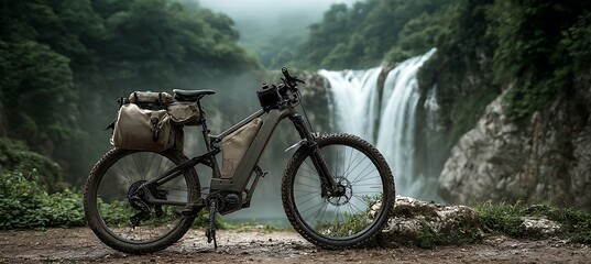 Obraz premium Exploring nature with electric mountain bike adventure touring near waterfall scenery and lush greenery trails