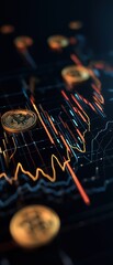 A digital representation of cryptocurrency trends, showcasing fluctuating graphs and coin icons against a dark background.