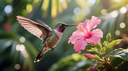 Fototapeta premium Hummingbird Hovering by a Pink Hibiscus Flower
