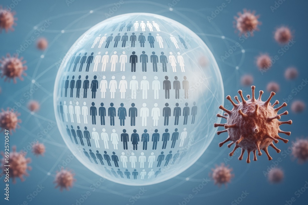 Poster virus particles surrounding a transparent globe with human icons symbolizing population and immunity