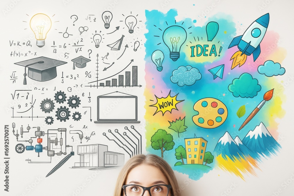Aufkleber split view of science and creativity concepts with colorful background and light bulb illustrations 